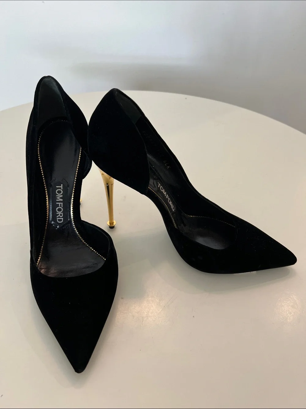 Tom Ford Black Velvet Pointed-Toe Pumps with Gold Stiletto Heel